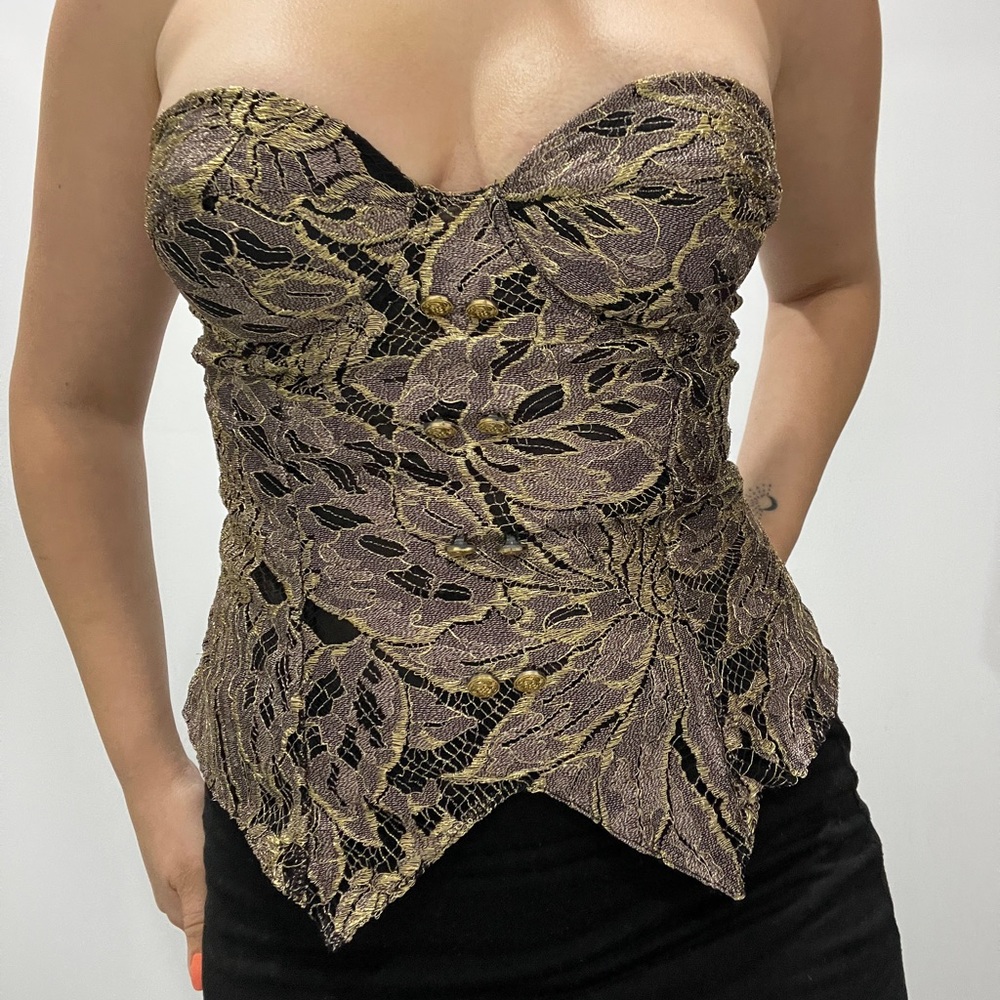 Vintage Made in France Gold Black Corset- unique, fairy Bustier, sheer mesh lace